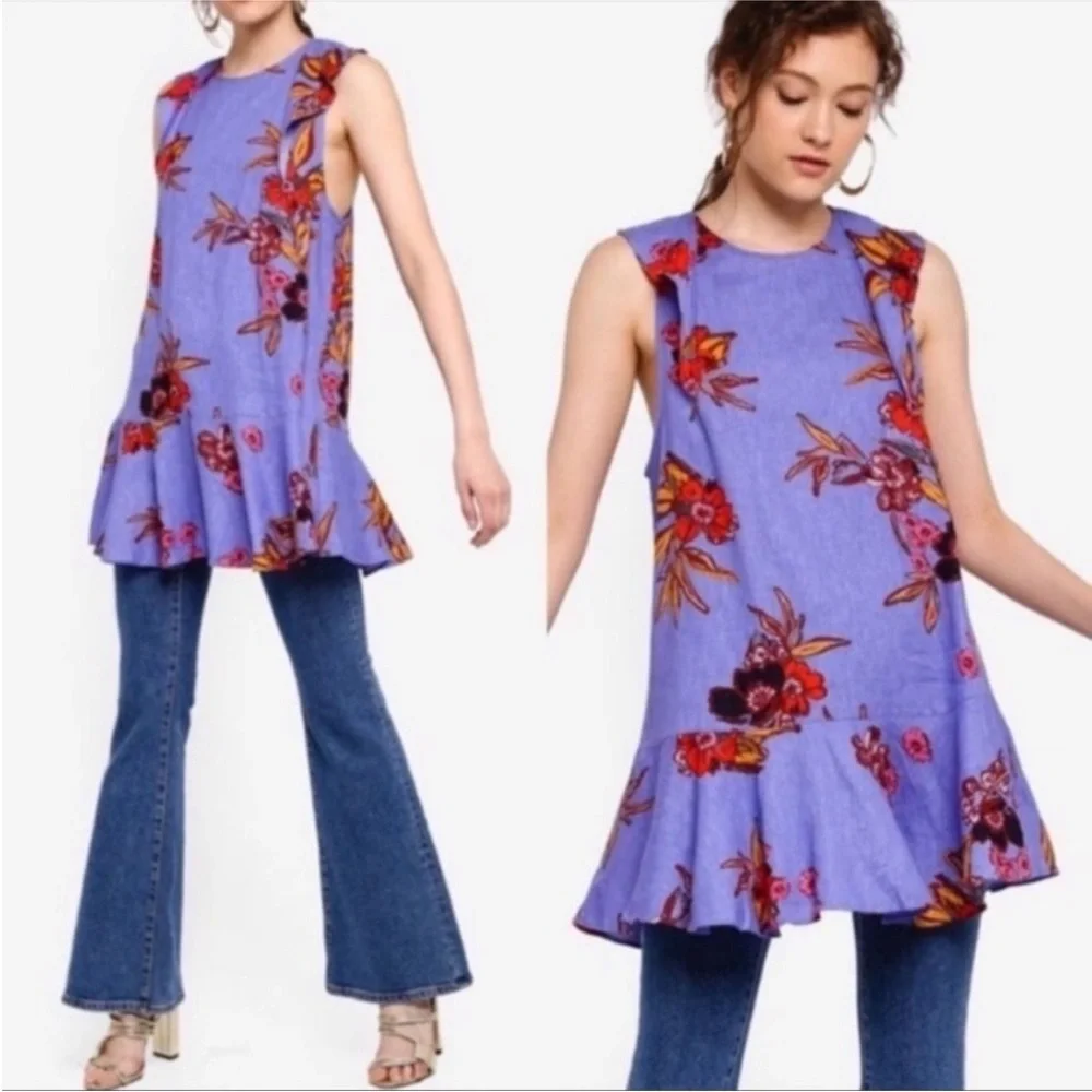 Free People Summer in Tulum Linen Blend Tunic Blue